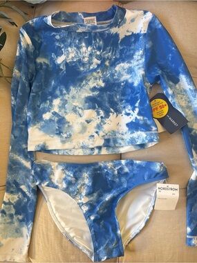 Nordstrom Girls Blue Tie-Dye Rash Guard Swimsuit Set size 12